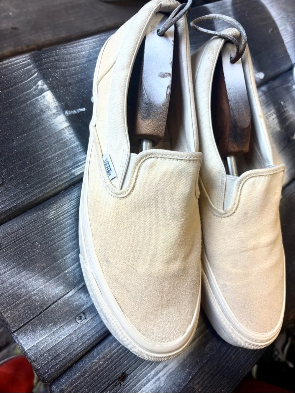 Vans Slip OnsCream & tan canvas slip-on sneakers minimalist size 11.5 good stats